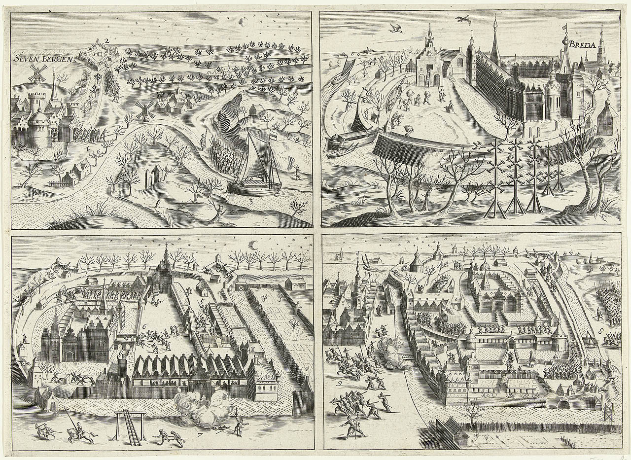 Capture of Breda in four scenes, print by Bartholomeus Dolendo